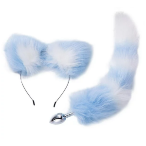 KIT PLUG ANAL TALLA S COLA ZORRO + OREJAS BLANCO AZUL